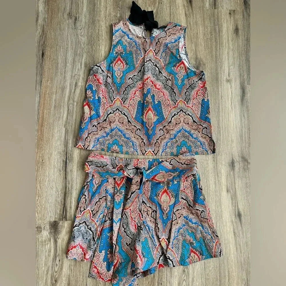 J. Crew blue red Paisley printed tie neck tank top and shorts costume Size L